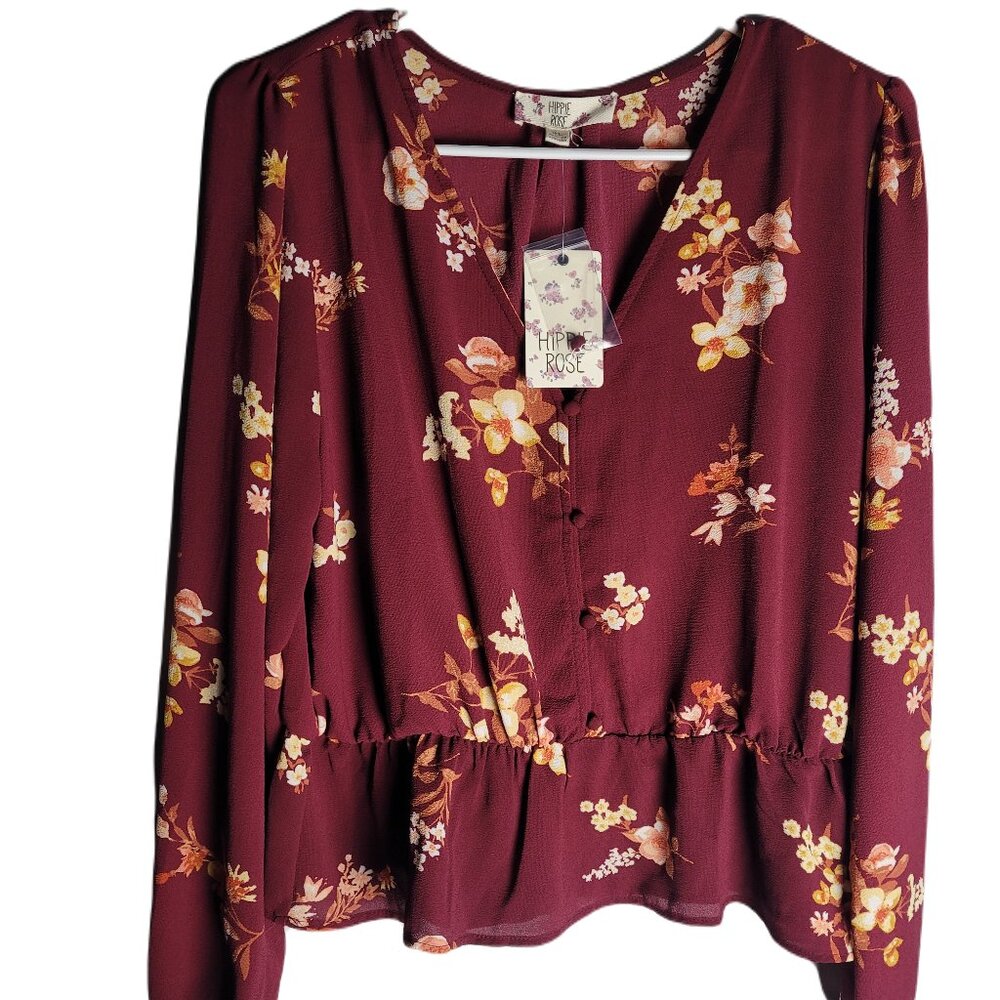Hippie Rose Cropped Blouse Woman's XL Elastic Waist Band Maroon Top NWT